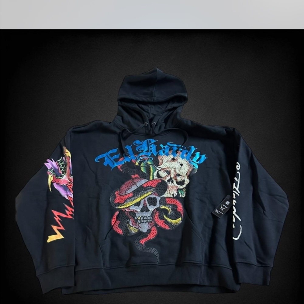 Ed Hardy Black Pullover Hoodie with Colorful Skull & Snake Graphic